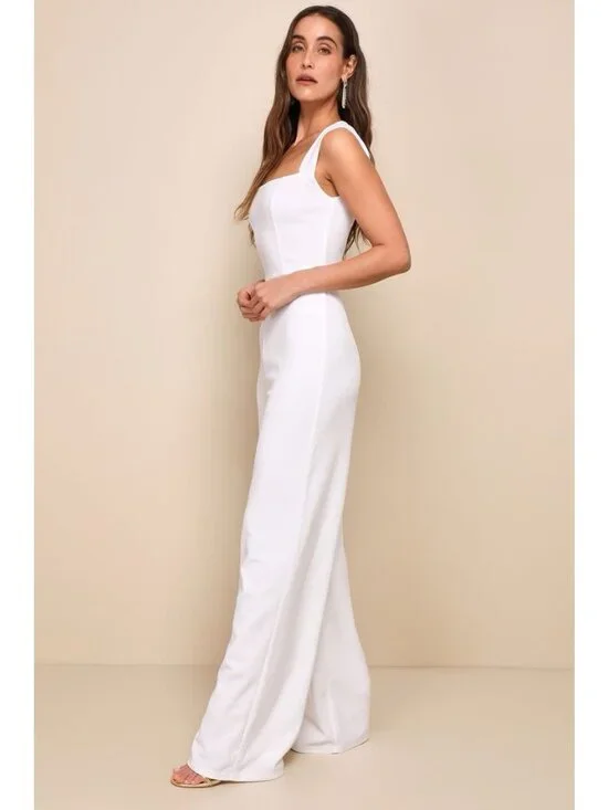 Lulus Enticing Endeavors Jumpsuit Sz Medium White Square Neck Wide Leg Bridal - Picture 4 of 8